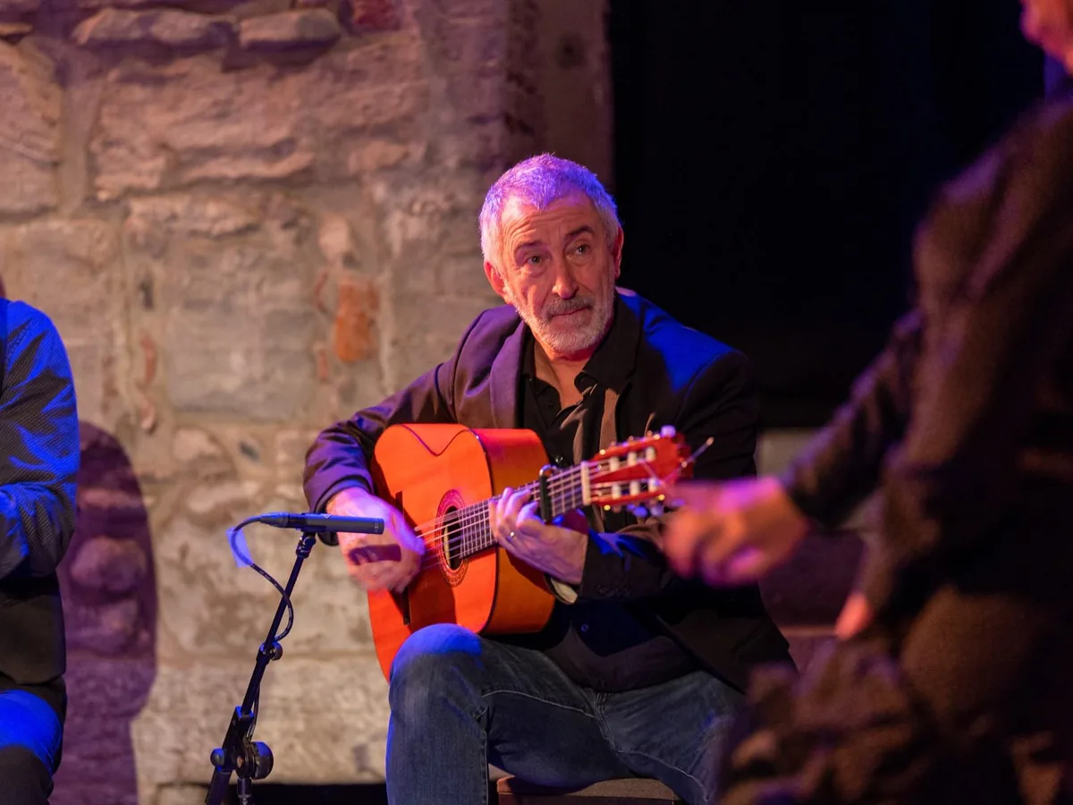 A flamenco guitarist playing on stage